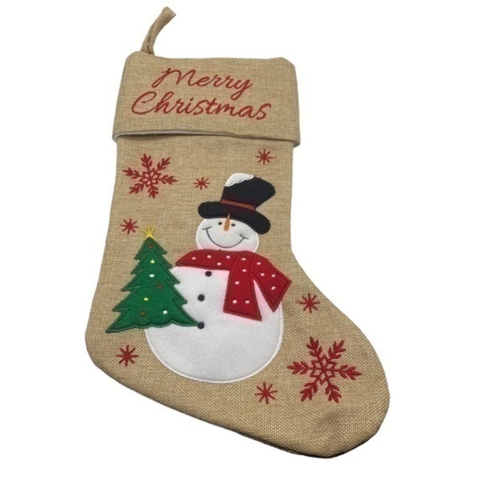 NWOT Merry Christmas Snowman Christmas Tree Embroidered Burlap Lined Stocking